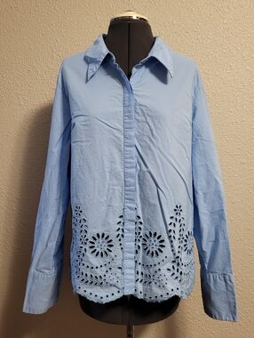 Worthington Blue Eyelet Button-Up Top Size 14